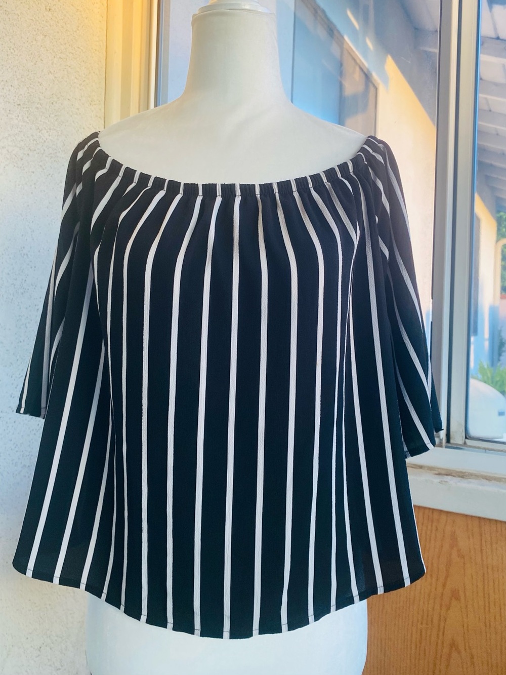 Ambiance Black White Stripe Off Shoulder Peasant Top Medium